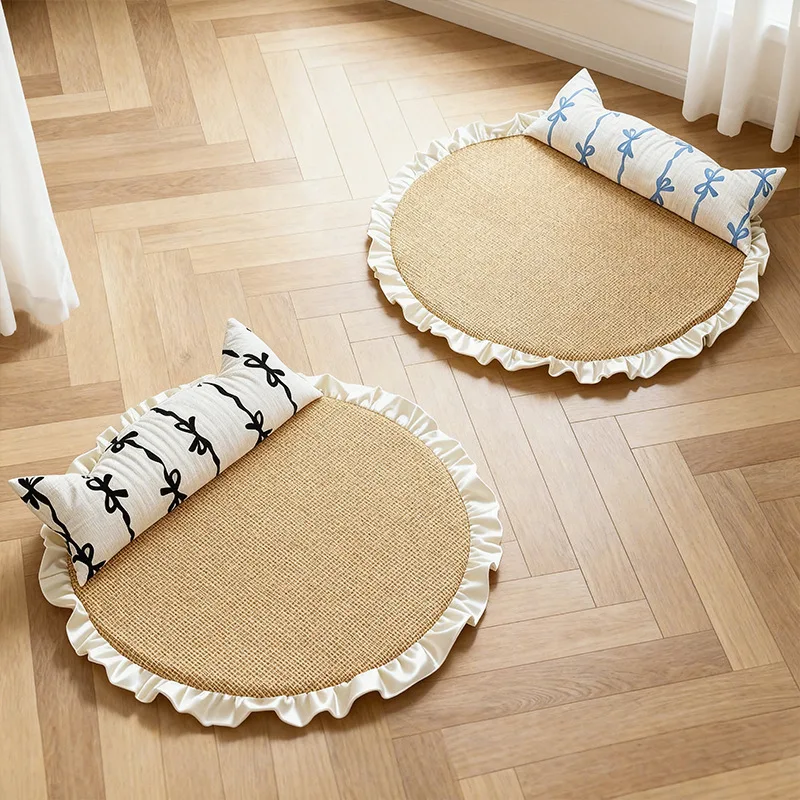 Dog Summer Rattan Cooling Mat with Lace Edge, Breathable and Easy to Clean, Comes with Pillow, Pet Mat for Cats