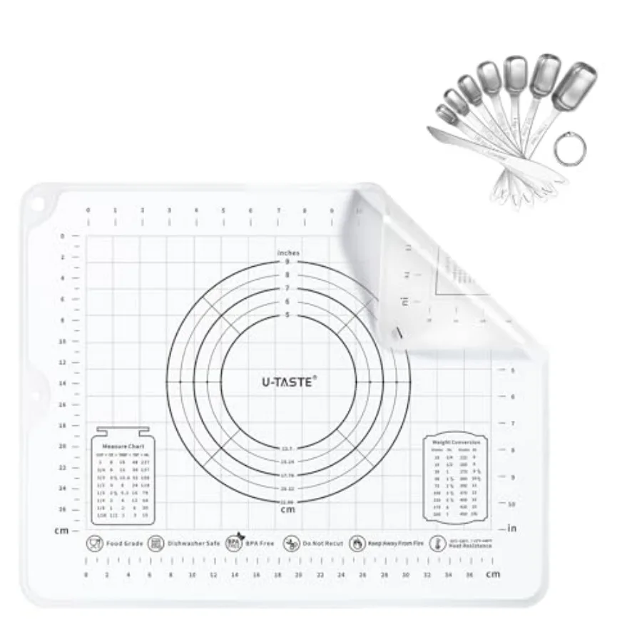 

UTaste 16x20 FoodGrade Liquid Silicone Pastry Mat with Clear Measurement and 18 8 Stainless Steel Square Measuring Spoons Set o