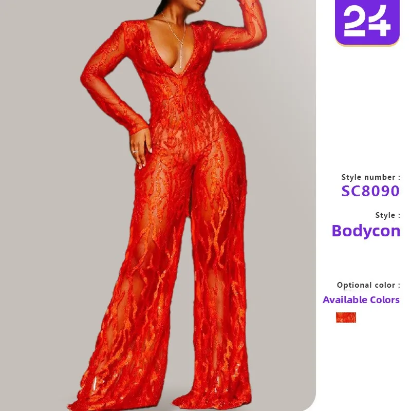 Spring Summer 2025 Women's Wi One-Piece Pants Deep V Bright Red Wide Leg Pants Gold Drip Commute Sle Polyester Fiber