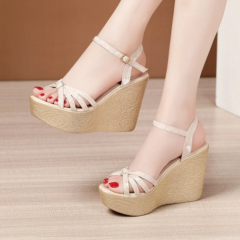 Summer Fashion Hollow Out Breathable Women's Thick Sole High Heel Sandals Women Casual Beach One-word Buckle Strap Wedge Sandals