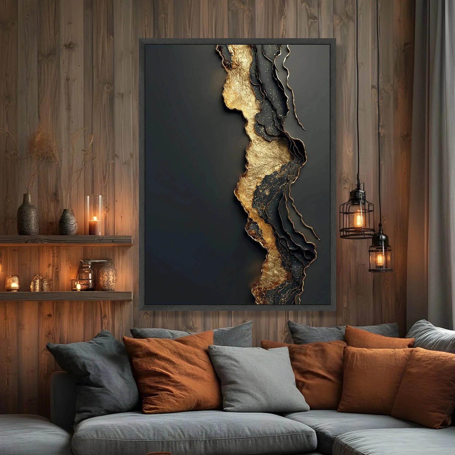 Großformatiges Elegantes Schwarz-Goldenes Abstraktes Leinwandbild, Moderne Geode Wandkunst, Luxuriöse Heimdekoration OHNE Rahmen