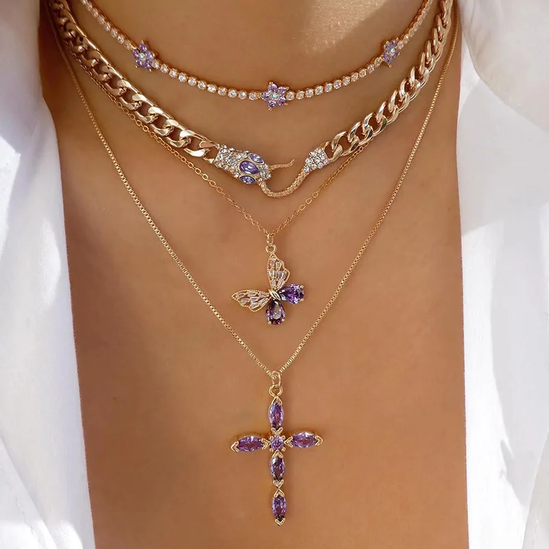 

Alloy diamond star jewelry exaggerated alloy snake-shaped thick necklace gold butterfly pendant personalized cross