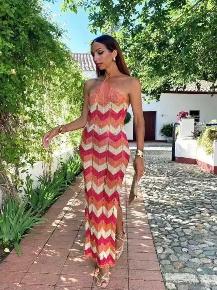 

EDOLYNSA Knit Maxi Dress for Women Crochet Hollow Out Beachwear Elegant Halter Vacation Outfit Sexy Backless Party Dresses A2946