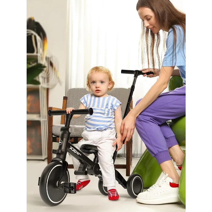 Bicicleta infantil, triciclo dobrável 6 em 1 para crianças de 1 a 4 anos com alça de controle parental, bicicleta de equilíbrio com pedal removível,