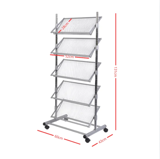 Fixed Height Metal Document Stand 5-Layer Wire Shelf with Castors for Office & Retail Use