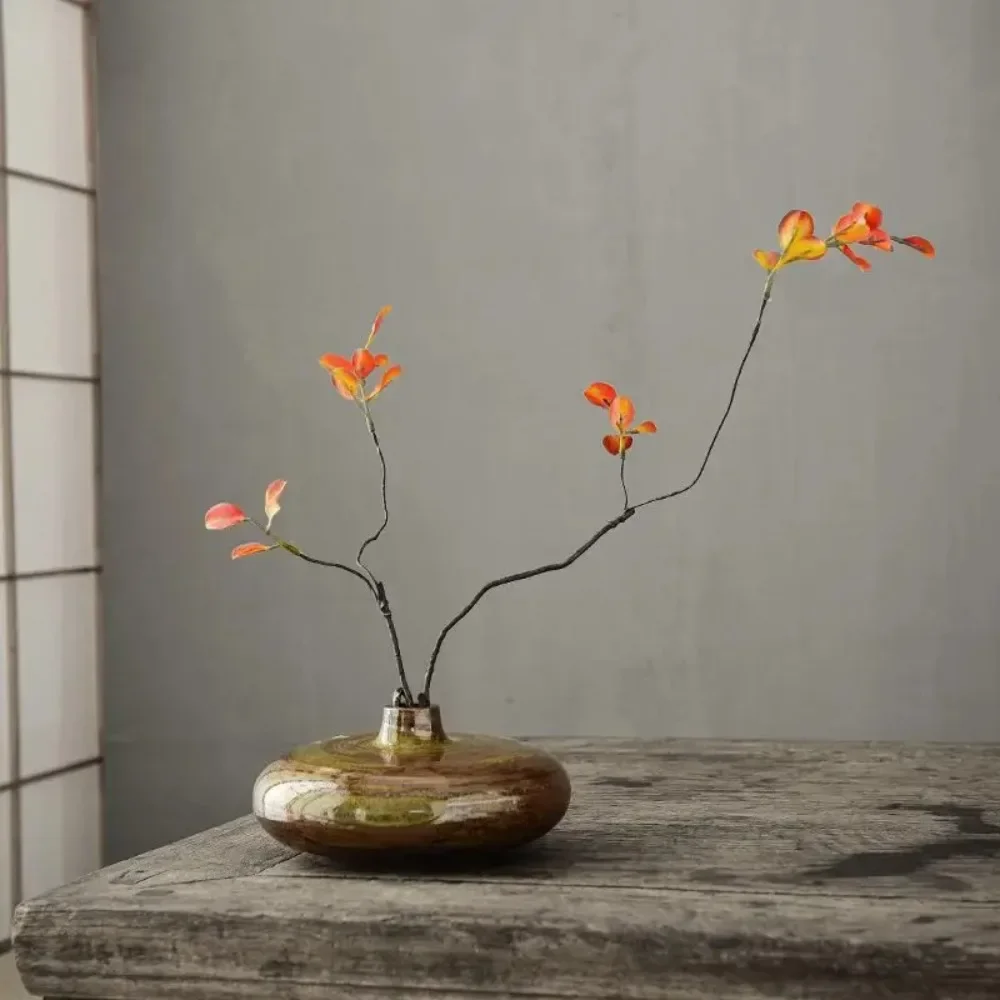 Home Coarse Porcelain Vase Retro Living Room Decorative Art Ornaments Flat Vase Flower Arrangement