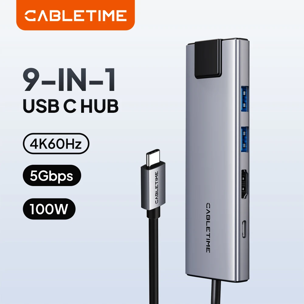 CABLETIME 9 in 1 USB C Hub Adapter 4K Splitter RJ45 HDMI SD TF Card Reader PD 100W Docking Station for MacBook Pro Type C Hub