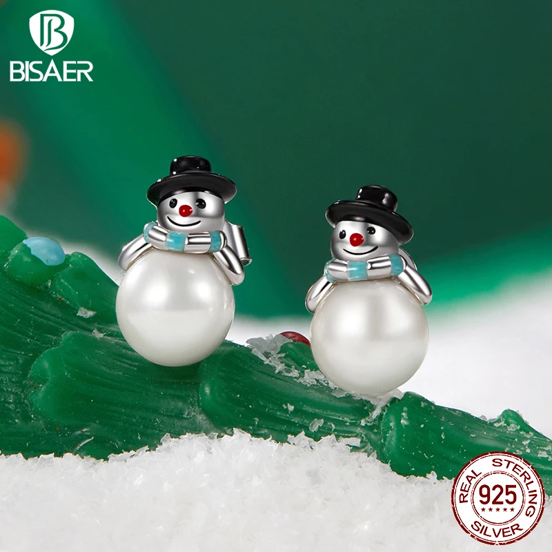 BISAER 925 Sterling Silver Cute Snowman Pearl Stud Earrings Enamel Process Plated White Gold for Women Fine Jewelry Holiday Gift