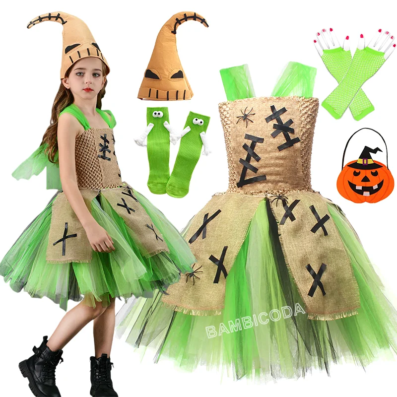 

2025 New Oogie Boogie Costume For Baby Girl Lace Dress Sling Party Frock Hat 2pc Set Festive Child Tunic Halloween Kids Dress Up