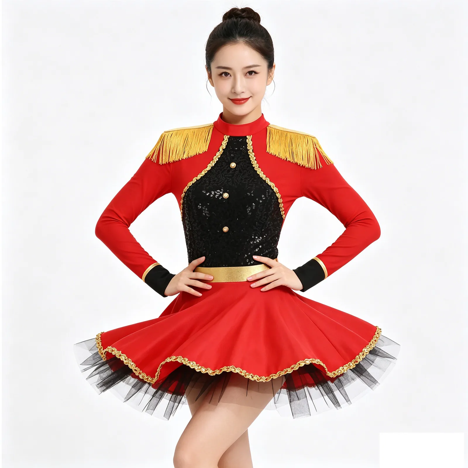 

Women Circus Ringmaster Lion Tamer Carnival Cosplay Costumes Long Sleeves Fringe Shoulder Circus Director Magician Leotard Dress