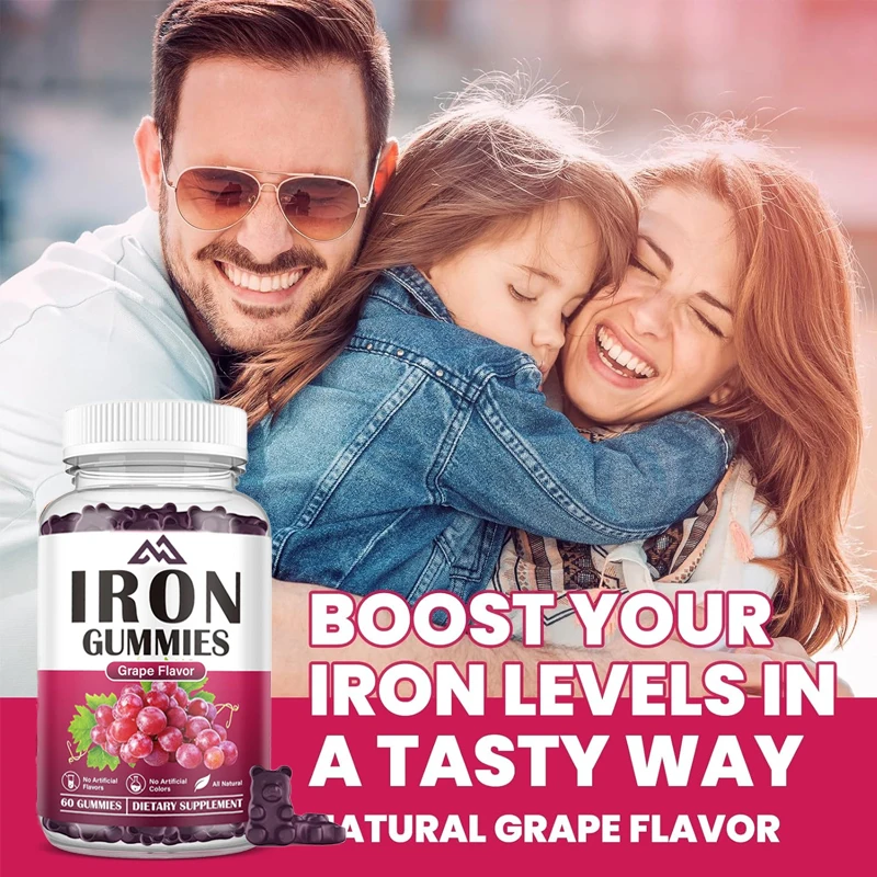 Iron supplements for women and men, containing vitamin C,B12, folate hematopoietic agents, and iron deficiency energy 60 gummies