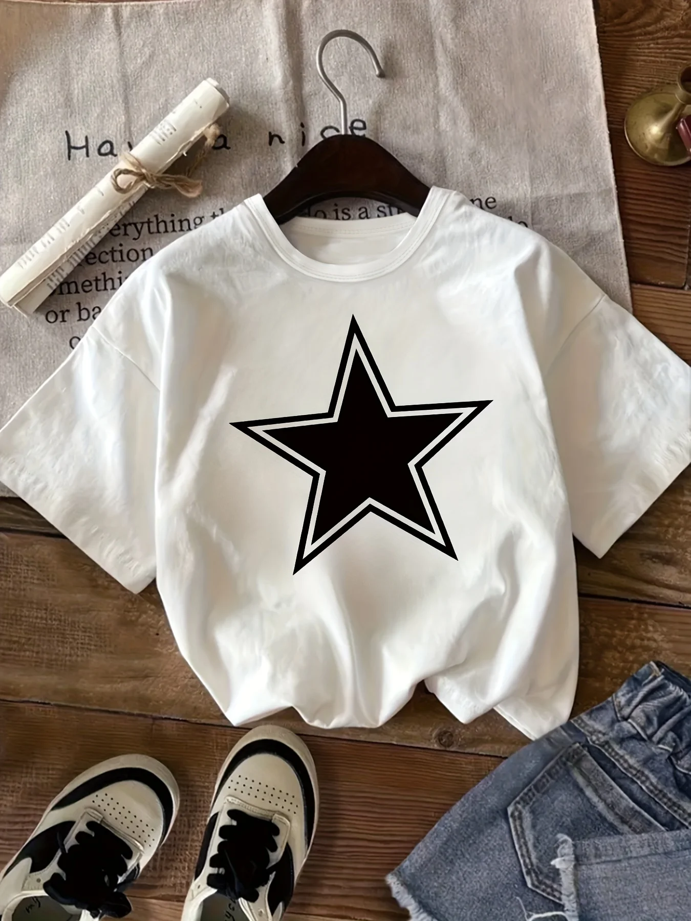 Girls Pure Cotton Round Neck Short-Sleeve Top Star Patterned Printed T-shirt Y2K Trendy Girls' Summer T-shirt Girls Clothing
