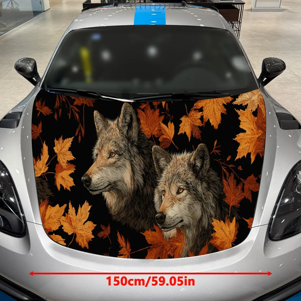 Car Decal Wolf Pair with Orange Autumn Leaf Artistic Background & Mystic-Nature-Gothic Aesthetic Car Hood Sticker, Waterproof Se