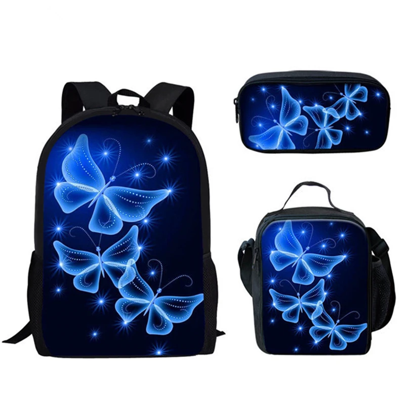 Harajuku Novelty Butterfly Pattern 3pcs/Set Backpack 3D Print School Student Bookbag Anime Laptop Daypack Lunch Bag Pencil Case