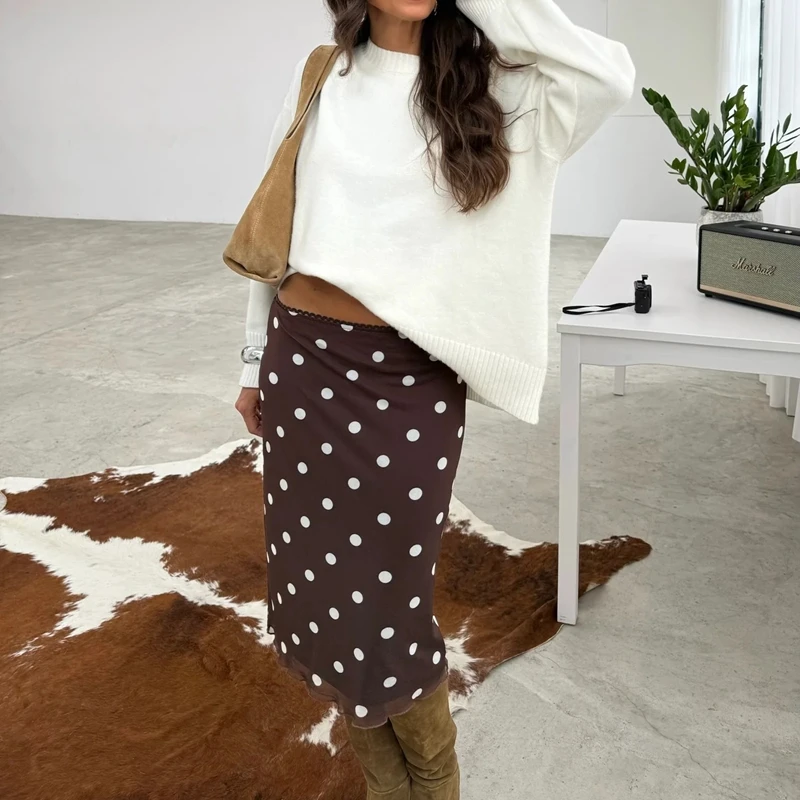 

Женская повседневная юбка миди с кружевной отделкой, элегантная, в стиле Y2K, винтажная, с принтом в горошек, облегающая, до колена, для вечеринок, работы и повседневной носки