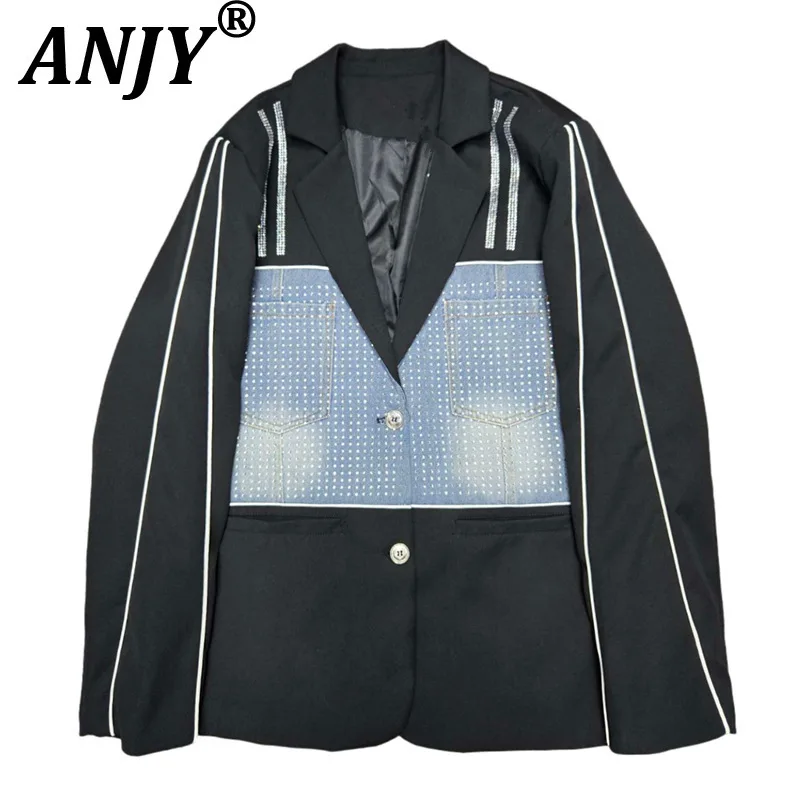 

ANJY осенние новые женские европейские джинсовые лоскутные блейзеры с цветными блоками и бриллиантами, модные универсальные шикарные блейзеры A14512