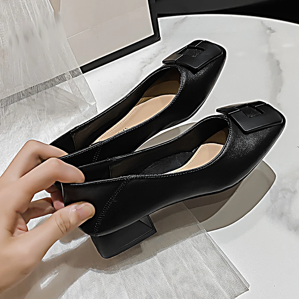 FamtiYaa Genuine Leather Woman Shoes Medium Heel Ladies Women's Shoes Heels Comfort Women Pumps Online Sale Black Brand New