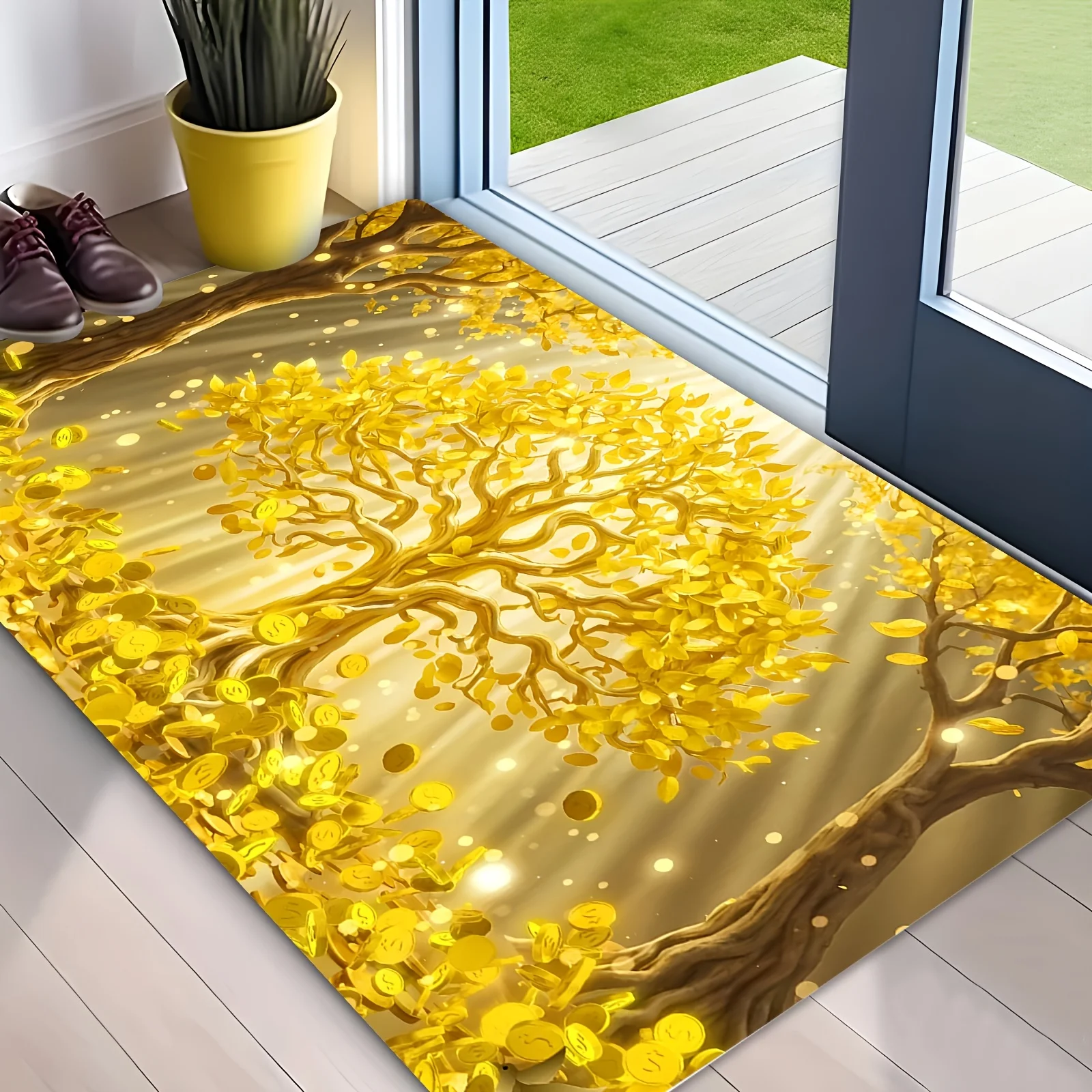 Lucky Golden Money Tree Coin Non Slip Area Rug Washable Indoor Floor Mat for Feng Shui Wealth Prosperity Home Decor
