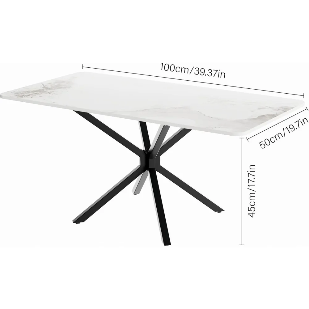 白い大理石のコーヒーテーブル、モダンな40インチのリビングルームテーブル、長方形の焼結石の天板と黒い金属脚、スタイリッシュなセンターテーブル