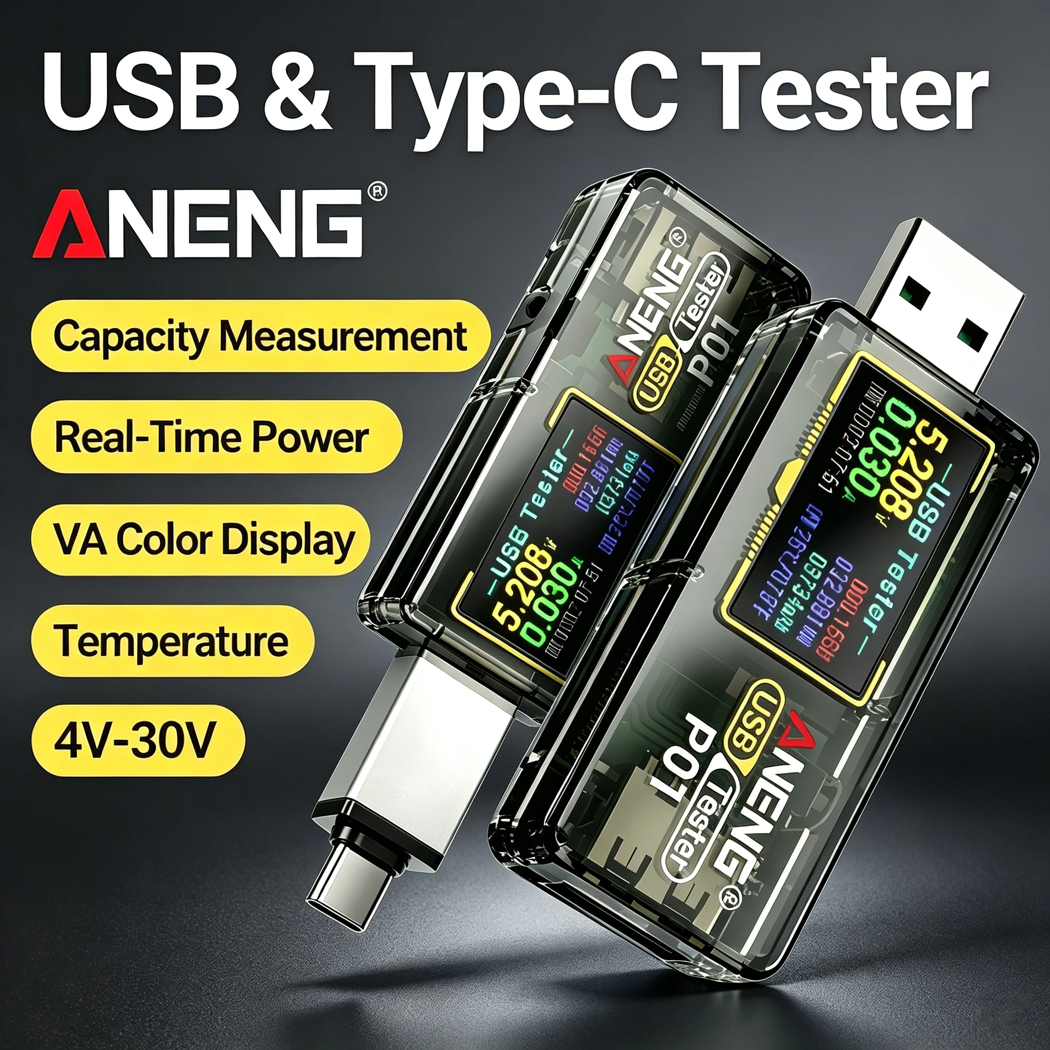 Type-C Multi-function Digital Display Voltage Ammeter Power Meter DC 4-30V Voltmeter Ammeter Charger Capacity Tester ANENG P01