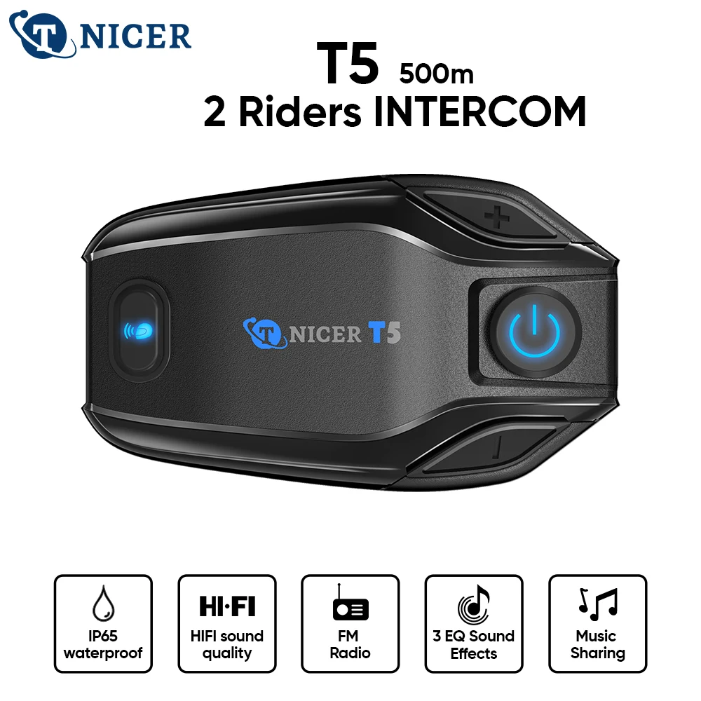 TNICER T5 Motorcycle Intercom Bluetooth helmet Headset Motorbike 2 Riders 500M Moto Group, Waterproof/Noise Reduction Interphone