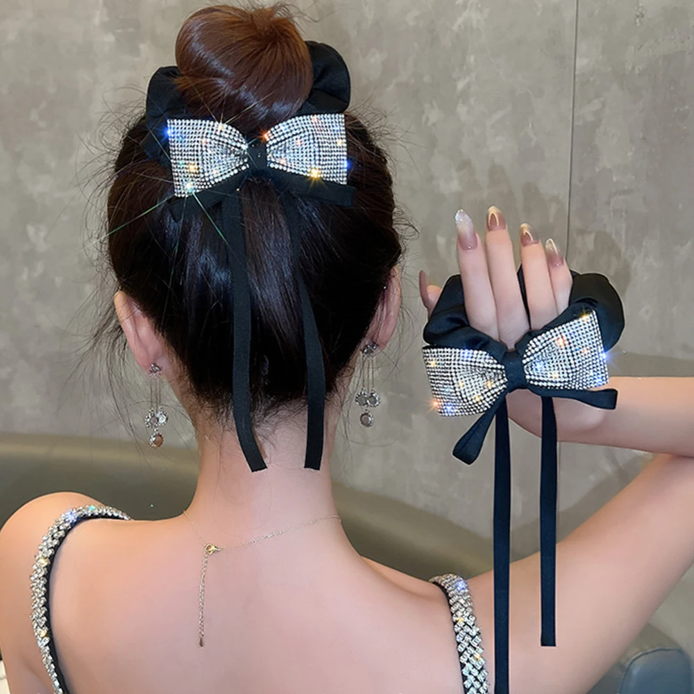 Elegant Bow Ribbon Scrunchies Fashion Ladies Simple Rhinestone Bow Wrap Hair Rope Design Korean Ponytail Girl Hair Accessories