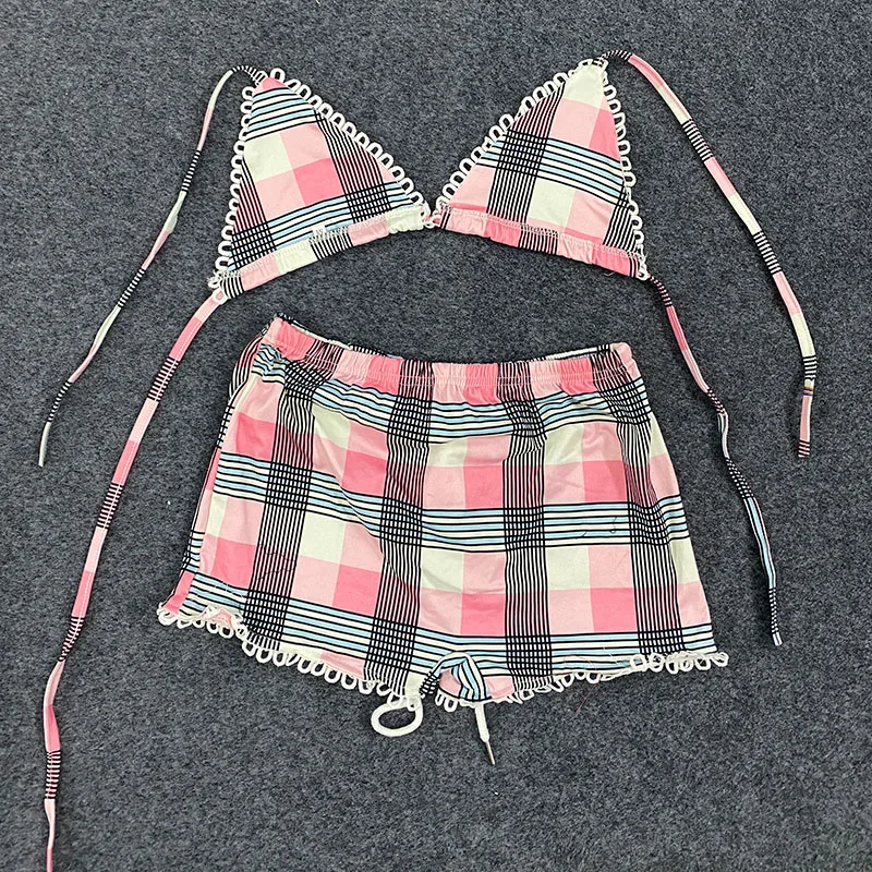 2025 패션 감성 펑크 캐주얼 비키니 투피스 수트 스트릿 Y2K 고딕 체크 프린트 여름 비치 수영복 2000년대 여성 의류