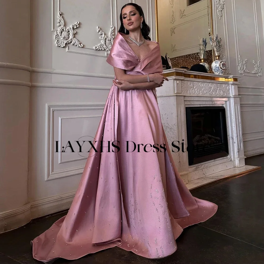 LAYXHS Squisiti abiti da sera con spalle scoperte Abito da ballo rosa a-line con strascico di corte con perline Abito personalizzato