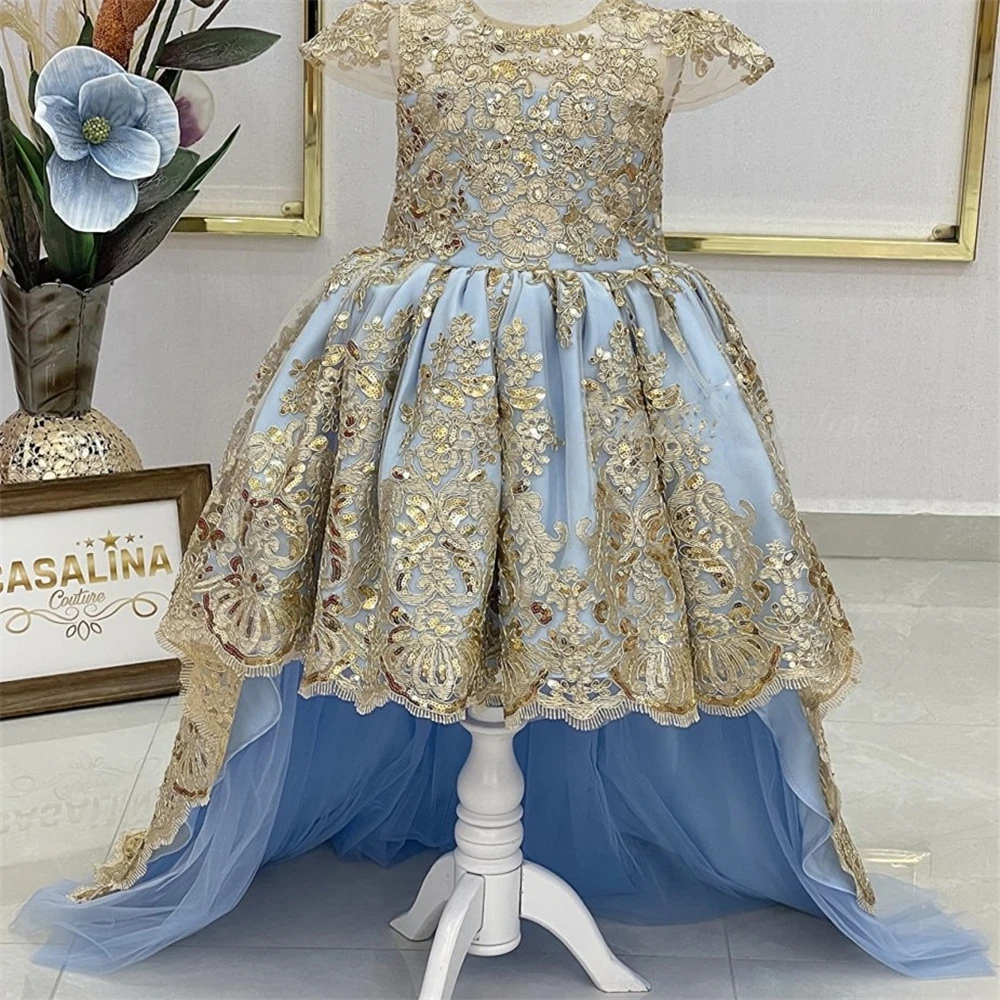 Gorgeous Flower Girl Dress Blush Gold Lace Princes Full Length Puffy Kids Birthday Gift First Communion Gowns Evening Dresses