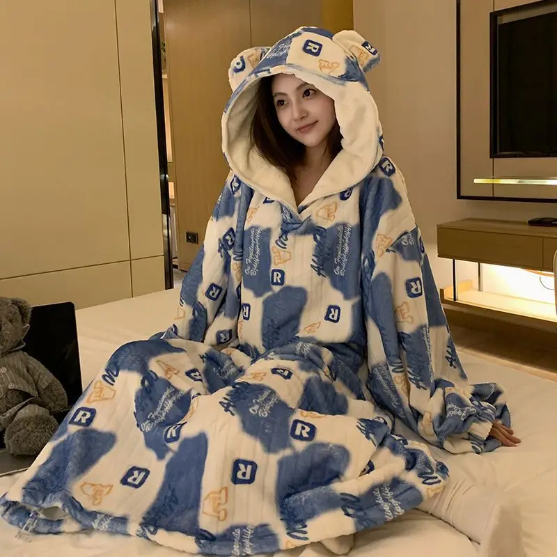 

M-2XL Flannel Pajamas Dresas Women's Winter Thickened Hooded Long Nightgown Cute Cartoon Loose Loungewear Fleece Home Clothes