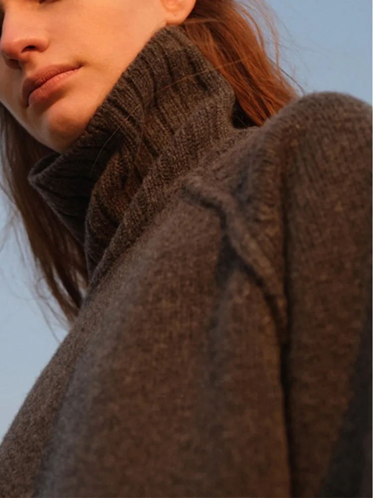 Turtleneck Women's Simple Knitted Sweater Solid Color Female Loose Knitwears Jumper Tops