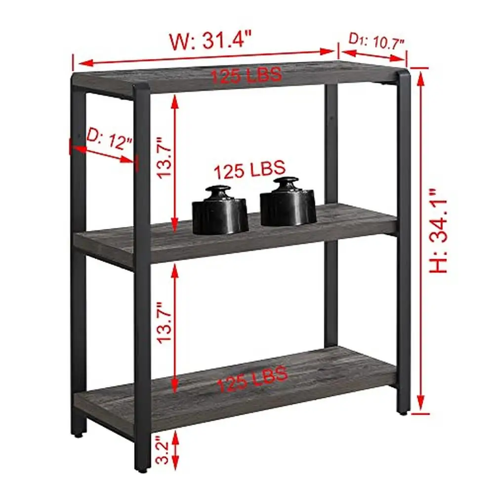 3 Tier Vintage Industrial Style Bookcase with Durable Metal Frame Rustic Grey Wood Shelves Office Kitchen Bedroom Living Room