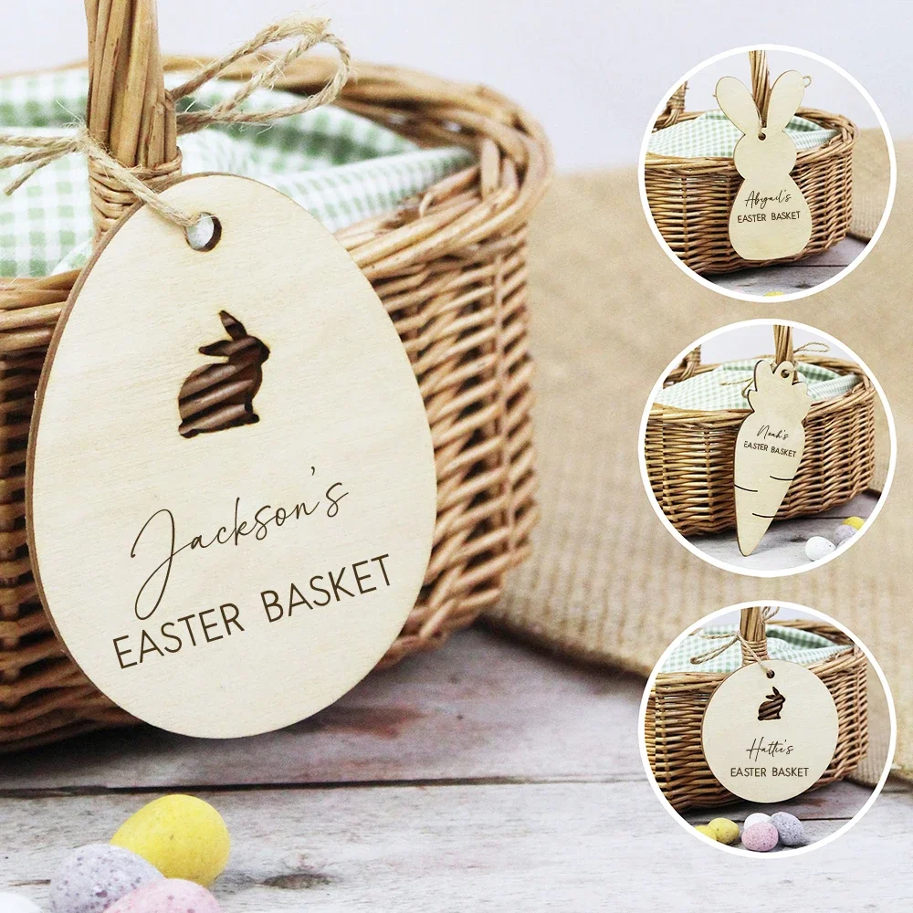 

Personalized Rabbit Bunny Happy Easter Party Egg Hunt Basket Bucket Bag Custom Name Tag Ornament Family Kid Boy Girl Gift