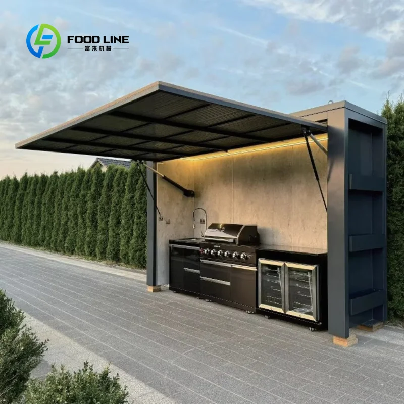 Luxury Customized One-Stop Outdoor BBQ Kitchen Cabinet with Refrigerator Sink Storage Cabinet and Retractable Door House