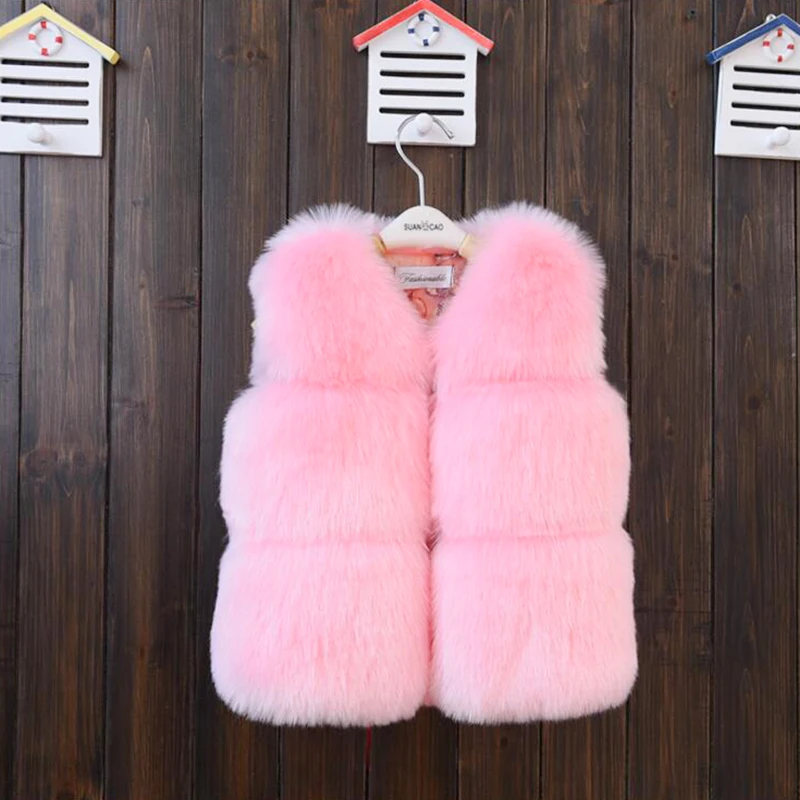 Pink White Faux Fur Vest Jacket Warm Fuzzy Waistcoats for Girls Kids Fashion Winter Autumn Thick Fleece Outerwear Toddler Child