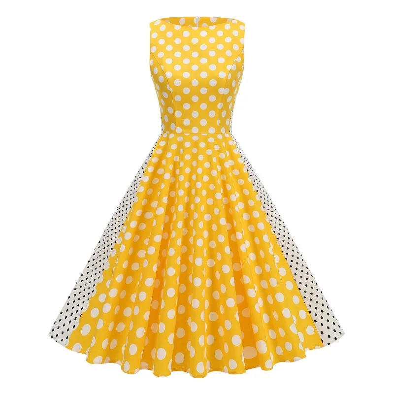 

2026 Women's Clothing Retro Polka Dot One-word Neck Splicing Polka Dot Slim-fitting Big Swing Dress