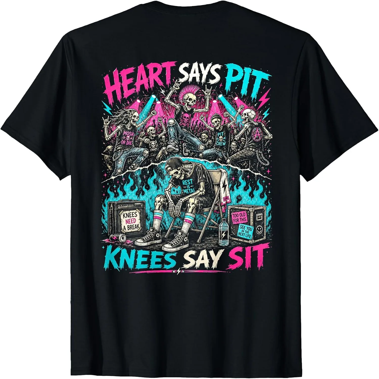 Heart Says Pit Knees Say Sit Skeleton Gym Concert Humor T-Shirt