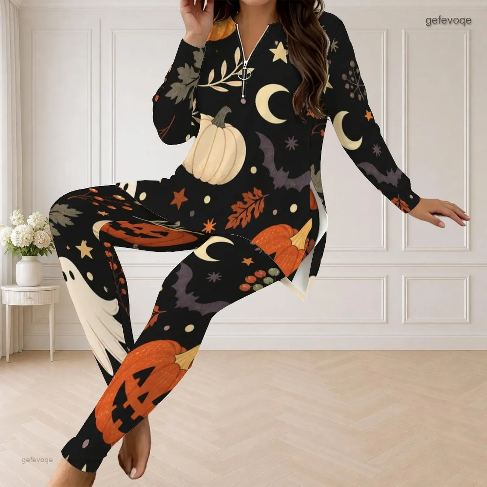 Fall Graphic Print Plus Size Sets Women V Neck Spooky Halloween Pumpkin Ghost Plus Size Clothes Womens Clothing For