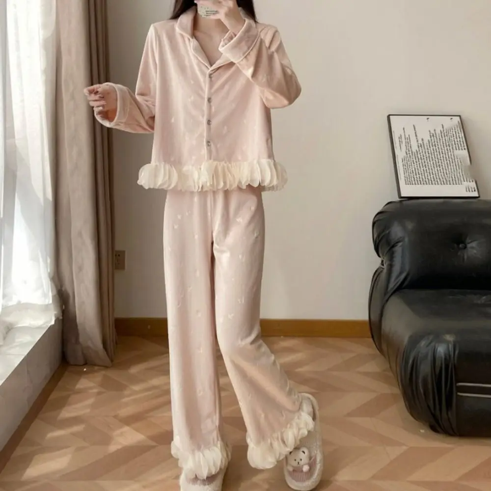 

Loose Long Sleeve Bow Pajamas Set Sweet Winter Velvet Pajamas Suit Long Sleeves Ruffle Warm Thicken Sleepwear Home