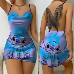 Saia de pijama com ponto disney para mulheres, nó arco, mini vestido sem costas, superfície de cetim, renda sexy, moda verão, 2024