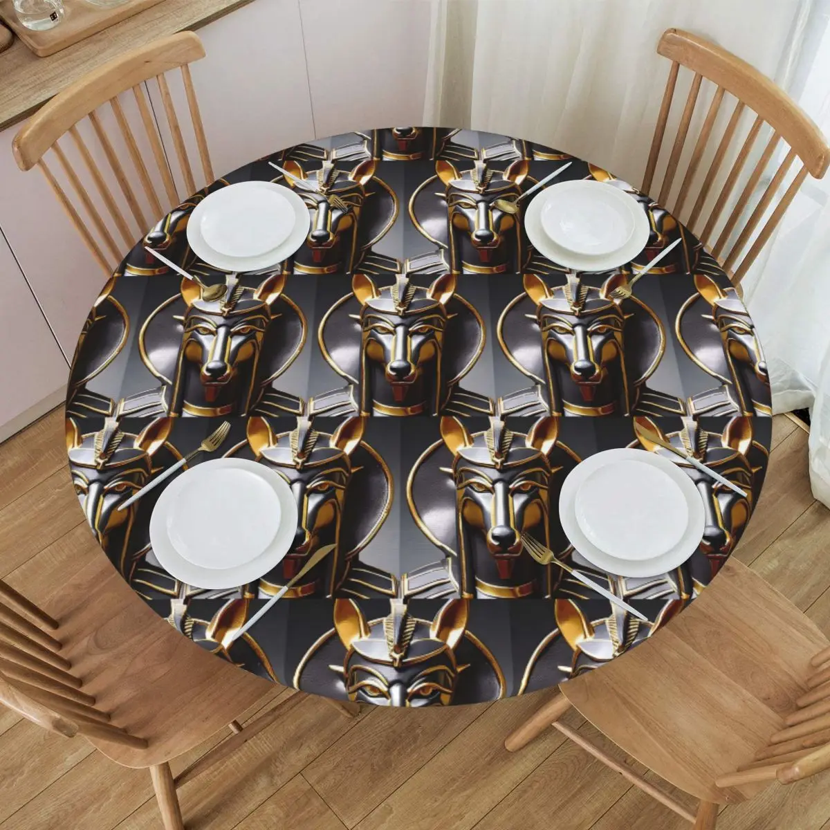 Old Egyptian God Anubis Waterproof Round Tablecloth Oilproof Table Cloth for Kitchen Events Dining Table Cover