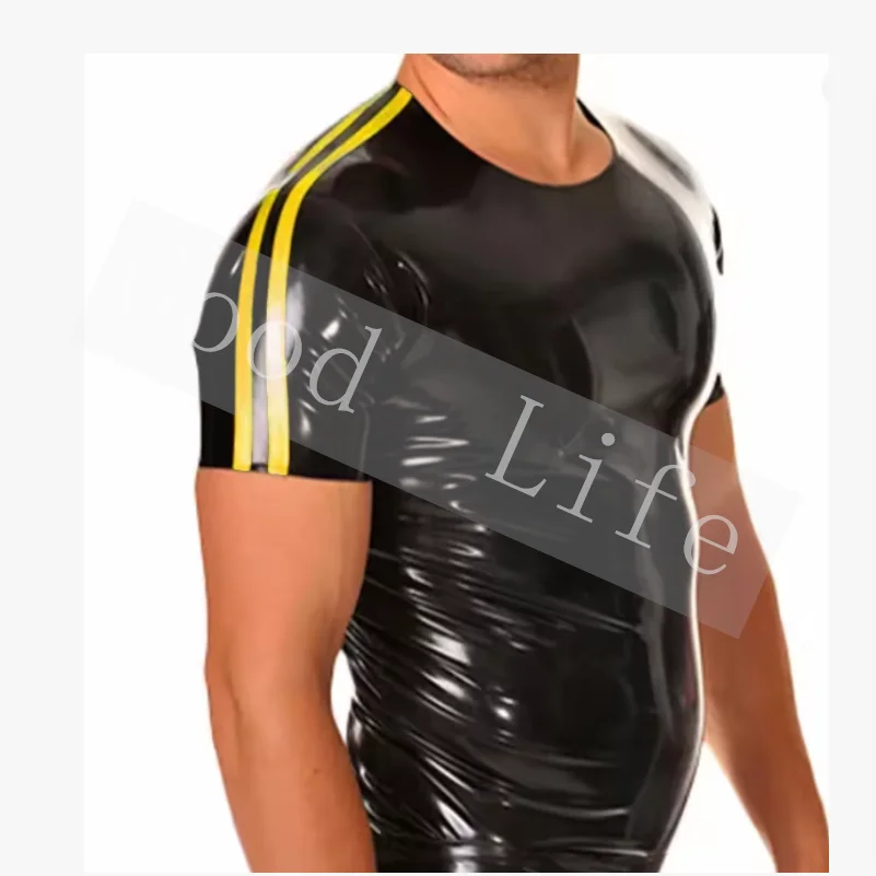 

Классическая черная рубашка ручной работы с желтыми полосками на плечах, резиновая мужская рубашка поло с круглым воротником, резиновая мужская рубашка-поло в стиле фетиш