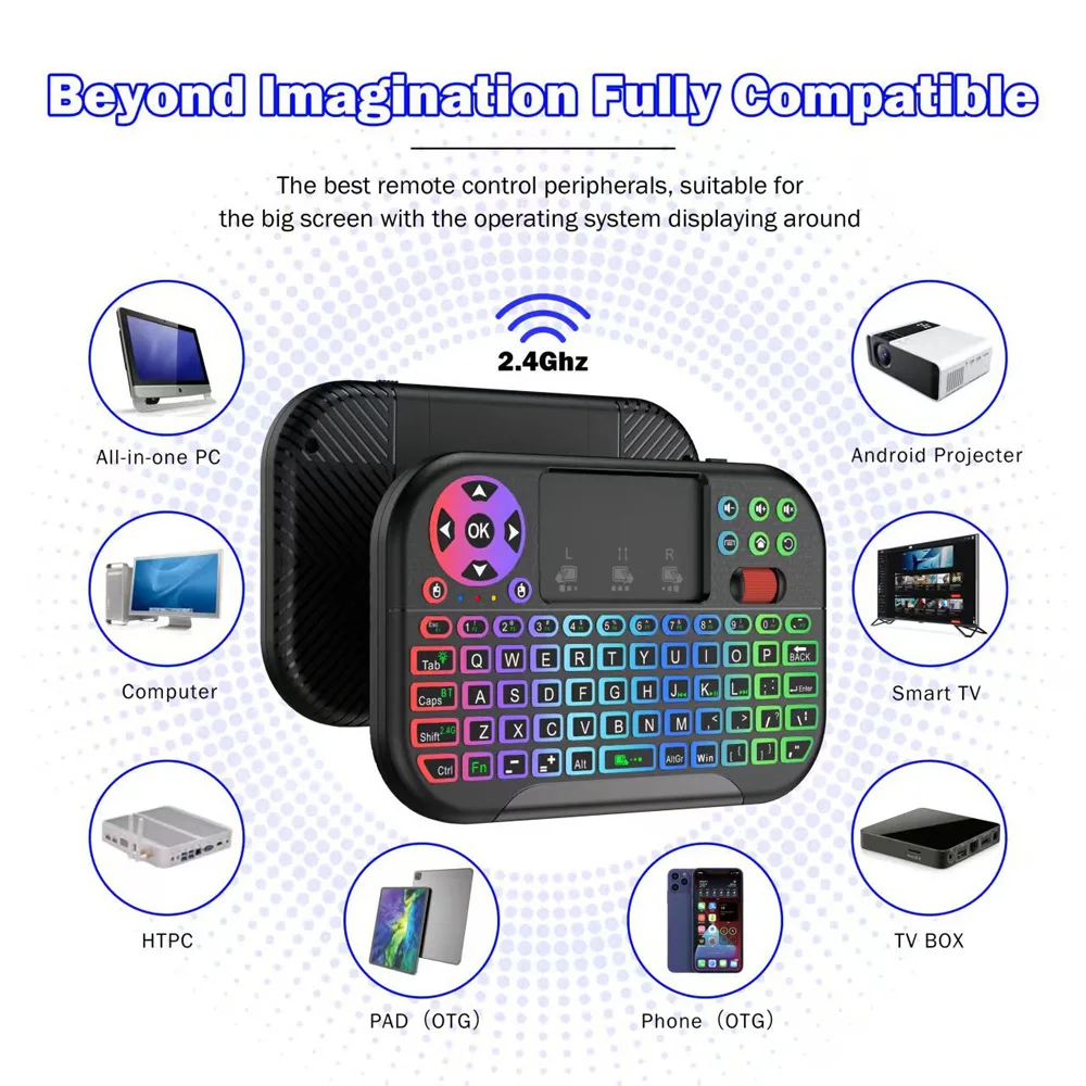 KEBIDUMEI 2.4G Wireless Bluetooth Keyboard Dual Mode Mini Keyboard RGB Backlit Touchpad Mouse Portable Handheld Keypad For TV PC