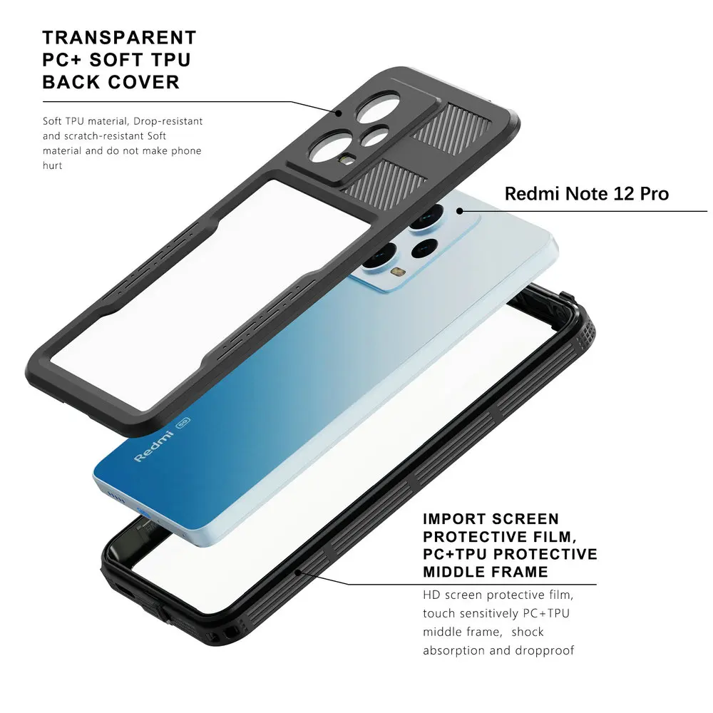 For Redmi Note 12 Pro 5G 2023 Waterproof Case IP68 360 Protect for Xiaomi Redmi Note 12 Case Phone Note12 12Pro Shockproof Cover