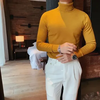 Knitted Sweaters for Men Turtleneck Smooth Man Clothes Pullovers Solid Color White Plain High Collar Elegant X Y2k Vintage Mode