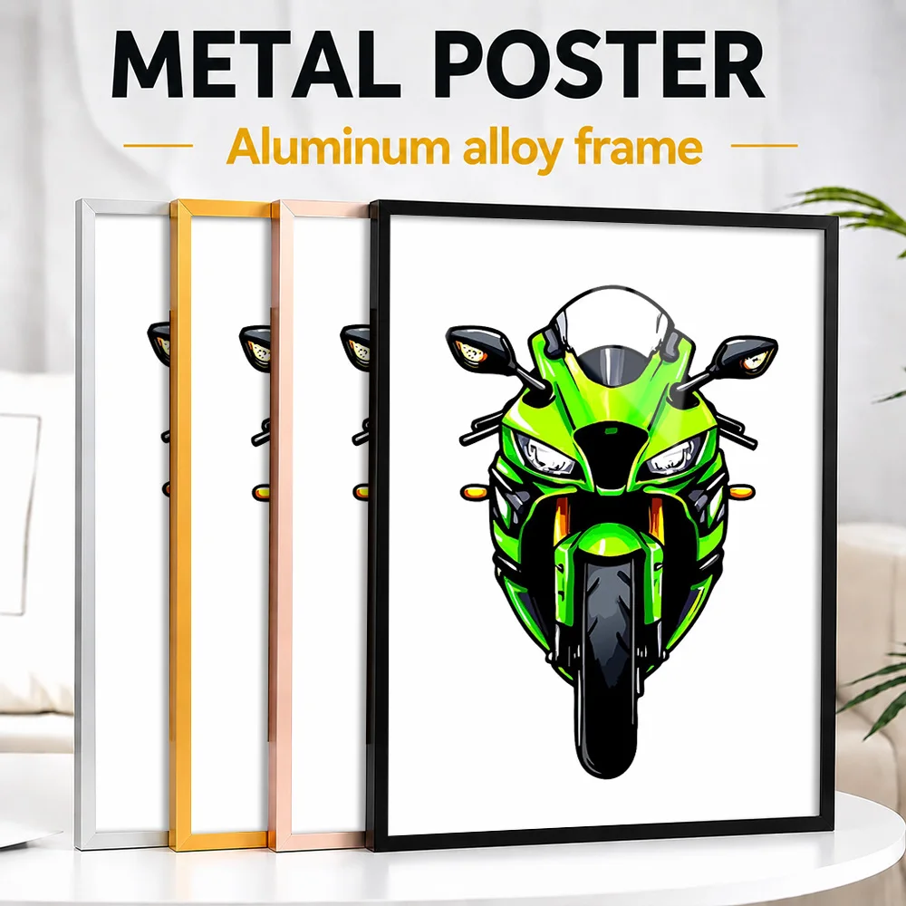 Green Sport Motorcycle Front View Framed Aluminum Metal Poster Customized Graphic Illustration Wall Art For Bike Repair Shop
