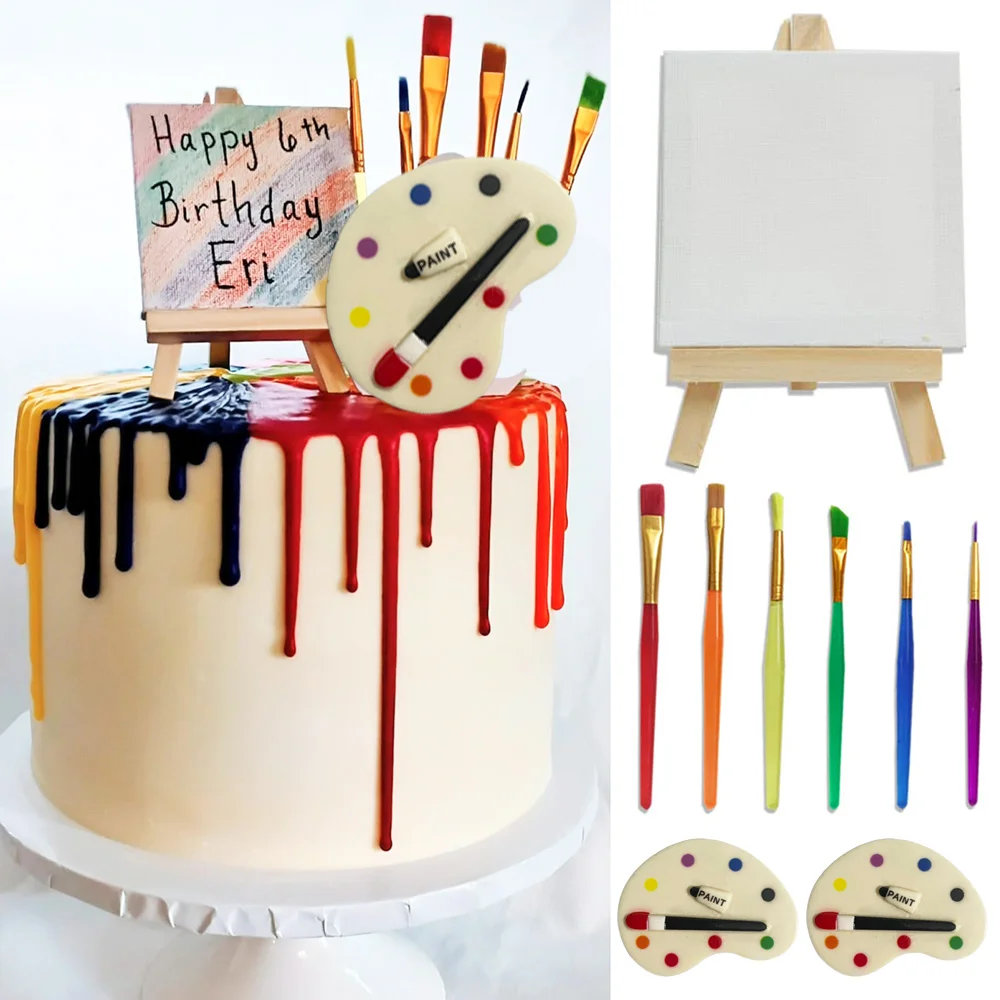 9 Pcs Art Paint Cake Topper Paint Brush Canvases Palette Cake Topper Artist Themed Birthday Party Cake Decorations Supplies