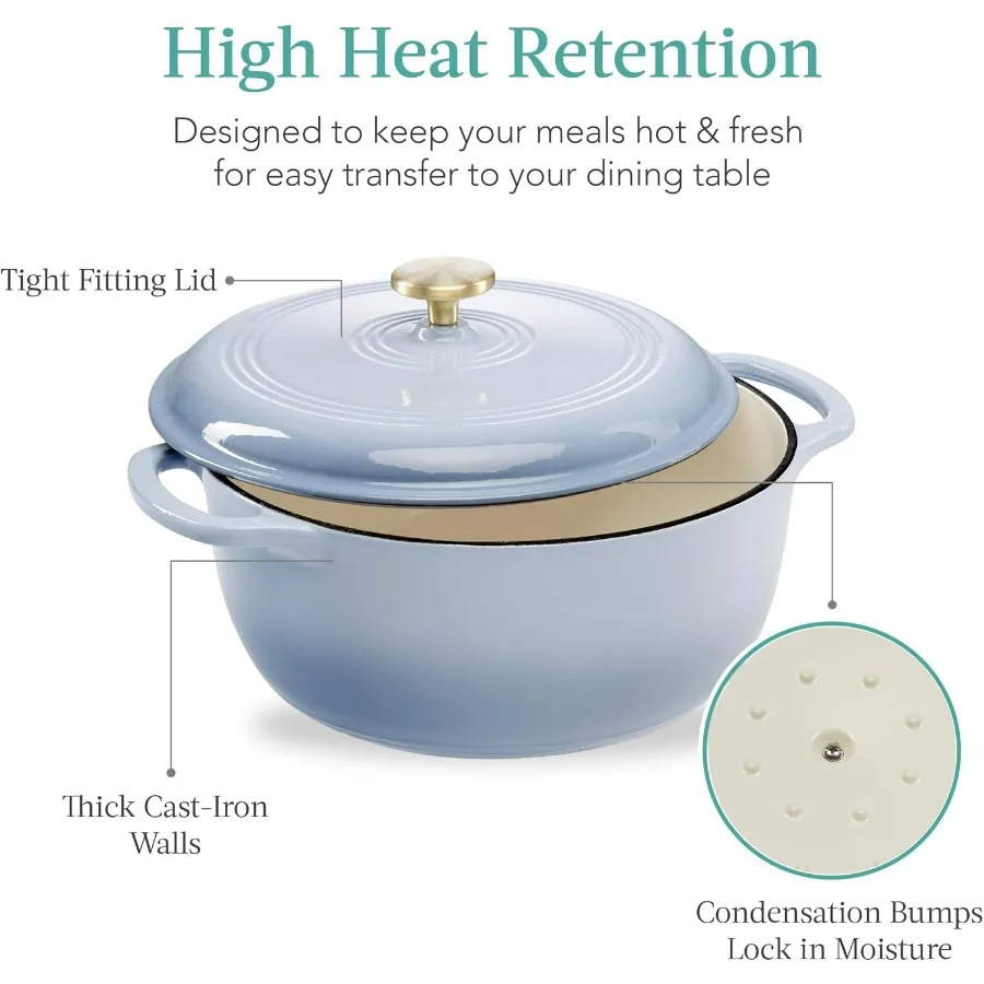 7.5 Quart Enamel Cast-Iron Round Dutch Oven, Family Style Heavy-Duty Pre-Seasoned Cookware for Home, Kitchen, Dining Room, Oven