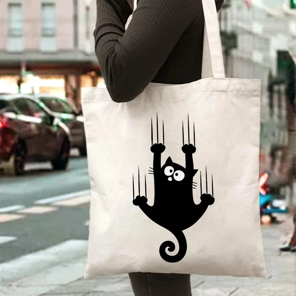Canvas Tote Bag with Black Cat Paw Print - Cute and Fun Design Suitable for Daily Use, Shopping or Travel - Stylish and Durable Eco-Friendly Handbag for Women and Girls - Perfect Gift Choice - Large Capacity Shoulder Bag