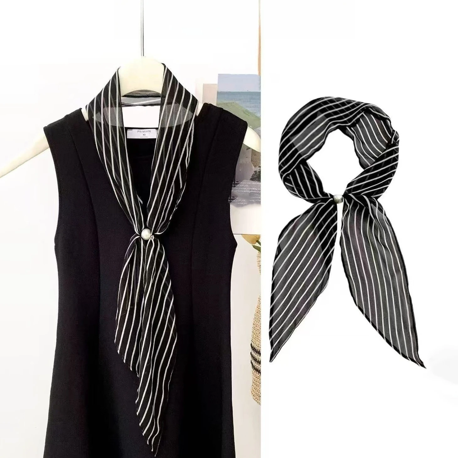 1 piece striped pearl women's decorative neck-tie scarf hair tie, long ribbon with fashionable versatile ribbon waist